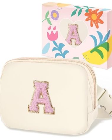 COSHAYSOO Graduation Birthday Initial Gifts for Women Teen Girls 5 6 7 8 9 10 11 12 13 14 Year Old Ivory Fanny Pack for Girls Belt Bag Crossbody Travel Purse Unique Trendy Cute Stuff Chenille Letter A