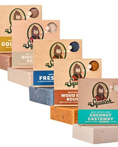 Dr. Squatch Natural Bar Soap for Men - Cold Process Soap with No Harsh Chemicals - Coconut Castaway, Wood Barrel Bourbon, Fresh Falls, Birchwood Breeze & Gold Moss (5 oz, 5-Pack)
