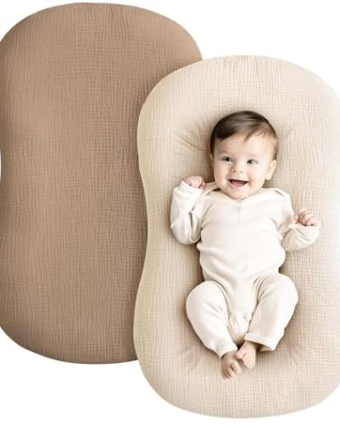 Konssy Muslin Baby Lounger Cover 2 Pack, 100% Cotton Newborn Lounger Cover, Soft and Breathable Baby Nest Slipcover for Boys Girls (Brown,Wheat)