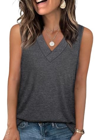 WIHOLL Womens Tank Top Loose Fit Summer Sleeveless Tops Dressy Casual Blouses V Neck Tshirts Shirts Fashion Spring Clothes Grey L