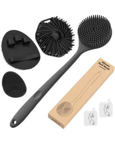 Manmihealth Silicone Back Scrubber & Soft Bath Glove Set 4 PCS(Thick Bristles), Super-Exfoliating Body Scrubber & Super-Lathering Shower Brush Combination, with 2 Free Hooks (Black)