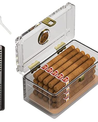 TISFA Acrylic Cigar Humidor with Humidifier and Hygrometer, Desktop Cigar Case Box That can Hold About 15-20 Cigars (S)
