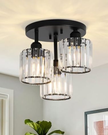 PAUFUL Crystal Semi Flush Mount Ceiling Light,3-Light Modern Close to Ceiling Light Fixtures,Black Kitchen Light Fixtures with Clear Crystal Shade,Hallway Light Fixtures for Hallway Bedroom Bathroom