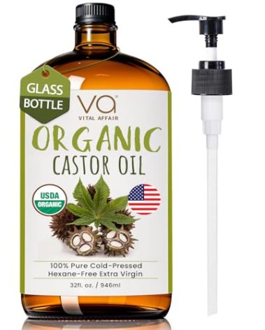 Pure Organic Castor Oil 32oz – Cold Pressed, Unrefined, USDA Organic – Glass Bottle for Hair Growth, Eyelashes, Eyebrows, Face & Castor Oil Packs