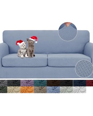 JIVINER 3 Pieces Couch Covers for 2 Cushion Couch Stretch Sofa Slipcover with 2 Extra Large Seat Cushion Covers Thick Fitted Loveseat Sofa Covers for Living Room (XL Loveseat, Light Blue)
