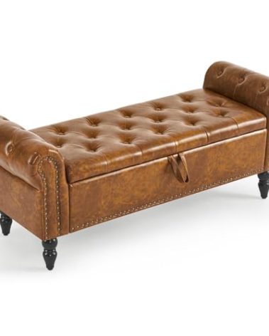 Furniliving Storage Ottoman Bench, Leather Benches End of Bed Bench with Solid Wood Legs Upholstered Ottoman Bench with Storage Indoor Bench for Living Room with Rolled Arm, Entryway, YellowBrown