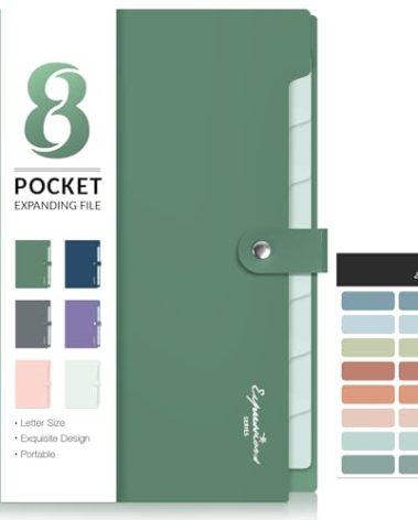 Sooez Elegant Accordion File Organizer, 8 Pocket Expanding File Folders with Labels, Portable Folder for Documents, Cute Paper Organizer for School Office Supplies, Letter Size, Dark Green