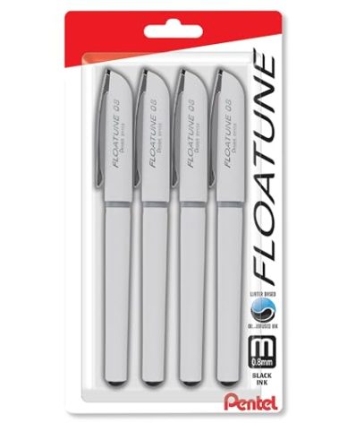 Pentel Floatune Rollerball Pens, (0.8mm), Medium Line, Black Ink, Pack of 4 (BY108BP4A)