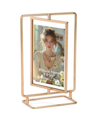 Lyeasw Rotating Picture Frame for 3.5x5 Picture, Gold Standing Double Sided 3.5x5 Floating Picture Frame for Vertical Table Display, Single