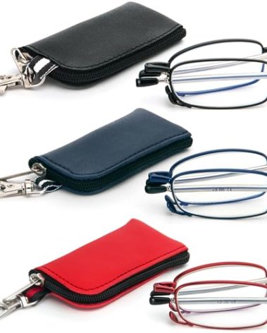 3 Pack Folding Reading Glasses with Keychain Compact Bags Women Men Blue Light Blocking Spring Hinge Portable Pocket Readers,Black Blue and Red 1.25