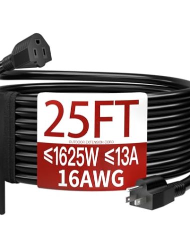 Skrizcable 16/3 25 FT Outdoor Extension Cord Waterproof, Weatherproof & Flame Retardant Black 3 Prong Power Cord Outside for Lawn & Garden, 13 Amps 1625 Watts 125 VAC 16AWG SJTW, ETL Listed