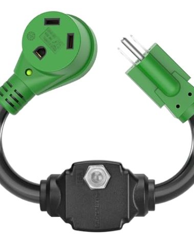 RVGUARD Overload Protector 30 Amp to 110 Volt RV Adapter Cord with Circuit Breaker, NEMA 5-15P to NEMA TT-30R Electrical Power Adapter with LED Power Indicator, 18 Inch, Green, ETL Listed