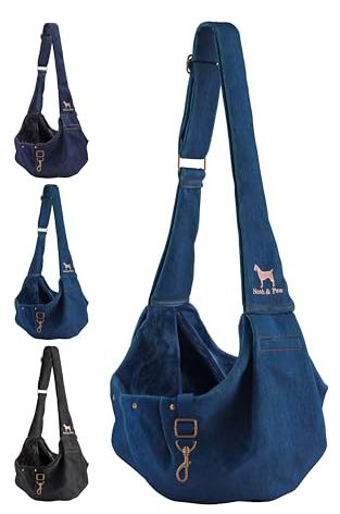 Noah & Paw Dog Sling Carrier for Small Dogs 5-18lb, Dog Sling for Small Dogs and Cats, Dog Carrier with Adjustable Padded Strap, Premium Denim, Lined with Fur, Double Safety Feature, Machine Washable