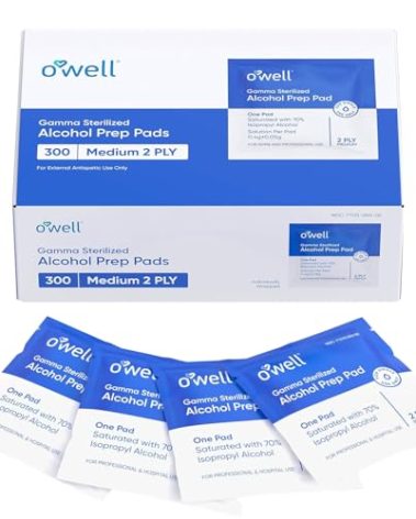 OWELL Prep Pads - 300 Individually Wrapped Sterile Alcohol Wipes, Medium 2-Ply Antiseptic Wipes for Disinfecting Skin, First Aid Kit Alcohol Swabs (300 Count)