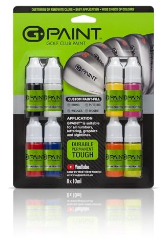 G-Paint Golf Club Paint Touch Up, Fill In, Customize or Renovate Your Clubs - 8 Pack of 10ml Bottles. Black, White, Red, Blue, Yellow, Pink, Orange & Green