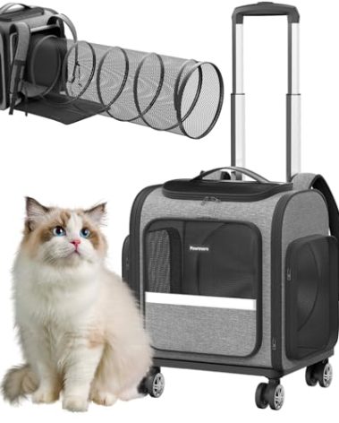 Rolling Cat Carrier with Wheels: Dog Carrier for Small Dogs & Large Cats, Expandable Pet Carrier on Wheels with Cat Play Tunnel, Large Capacity, Breathable Mesh, Side Pocket, Grey