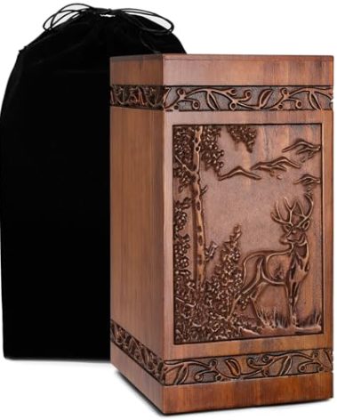 Wooden Cremation Urn for Human Wood Ashes Engraved Deer Decorative Box Funeral Urns for Adult Male Female with Velvet Bag Burial or Memorial Keepsake