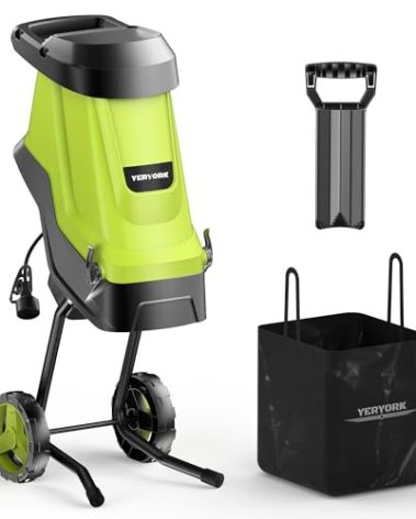Yeryork Wood Chipper, 15-Amp with 1.8" Feed Hopper 45L Collection Bag Electric Wood Chipper & Shredder Compact & Efficient Mulcher for Easy Cleanup Ideal for Yard Waste, Branches, and Leaves Green