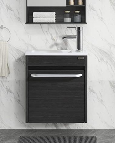 wonline 16” Bathroom Vanity Sink Combo for Small Space Black Wall Mounted Cabinet Set Design White Resin Basin Sink Top Chrome Faucet