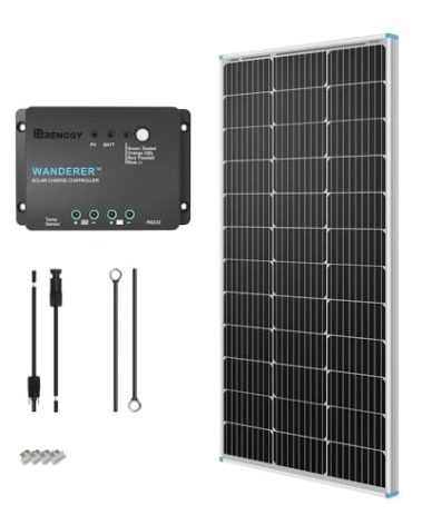 Renogy 100W 12V Solar Panel Starter Kit, 100 Watt Monocrystalline Solar Panel, 30A LCD PWM Charger Controller, Adaptor Kit, Tray Cables, Z Brackets for RV, Camper, and Other Off Grid Applications
