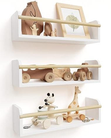 Decorative Nursery Bookshelves for Kids - Set of 3 Easy to Install Floating Shelves for Wall Mount - Beautiful Hanging Organizer Furniture for Your Baby Boy or Girl's Bedroom and Play Room Decor