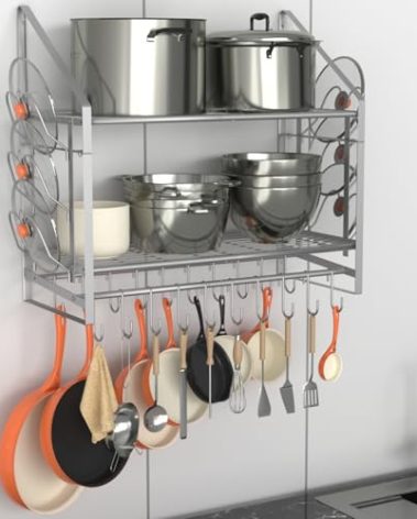 VyGrow 28 Inch Pot Rack Wall Mounted, 2 Tier Pots and Pans Organizer with 20 Hooks and 6 Pot Lid Holders, Heavy Duty Steel Pot and Pan Hanger for Kitchen Cookware Utensils Storage, Silver