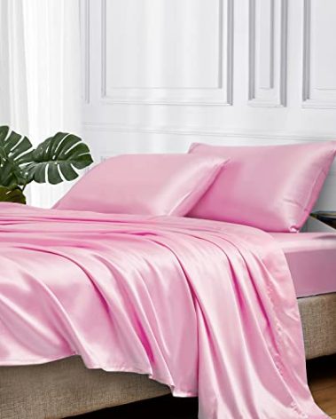 MR&HM Satin Bed Sheets, Queen Size Sheets Set, 4 Pcs Silky Bedding Set with 15 Inches Deep Pocket for Mattress (Queen, Pink)