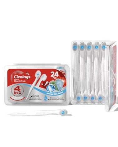 cleaings® Disposable Toothbrushes with Toothpaste Mini Travel Oral Care, 4-in-1 (Mini Brushes+Toothpaste+Tongue Scraper+Pick) Portable for Work,Camping Essentials(Intense Mint), 24 Count (Pack of 1)