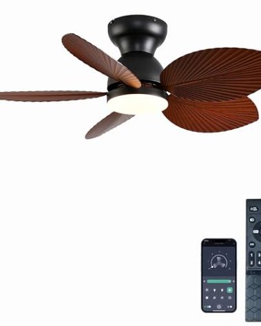 Tropical Ceiling Fans with Light, 38-inch Flush Mount Palm Leaf Ceiling Fans for Bedrooms, Indoors and Outdoors, Remote Control/APP Control, 6-Speed, Dimmable, Reversible, Wood Grain Design.