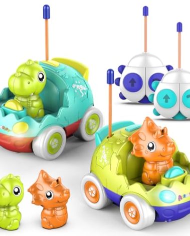 AEROQUEST Remote Control Car for Toddlers Toddler Toys for 18+Months RC Cars with LED Lights & Music Dinosaur Toy for Kids 2 3 4 5 Years Old Birthday Gifts for 3+ Year Old Girls Boys -2 Pack