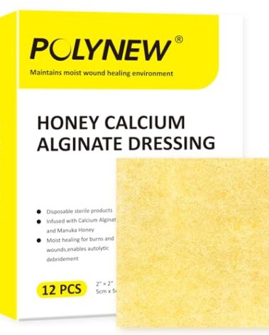 Polynew Manuka Honey Calcium Alginate Dressing, 12 Individual Pack, 2"x2" Patches, Wound Dressing with Calcium Alginate, Bandages for Burns, Faster Wound Care