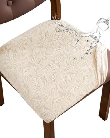 YUEANG Waterproof Chair Seat Cover for Dining Room-Stretchy Washable Chair Seat Covers Set of 6-Kitchen Chair Seat Slipcovers Protector for Home Restaurant Banquet (Beige,Large)