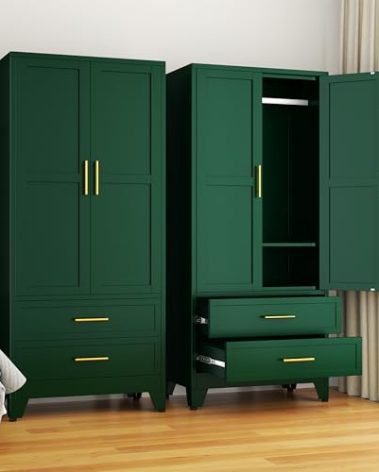 GAIOUS 71" Metal Wardrobe Cabinet with 2 Doors, 1 Adjustable Shelf and 2 Drawers, Metal Clothing Storage Cabinets with Hanging Rod, Armoire Wardrobe Closet for Bedroom, Cloak Room, Gym (Green)