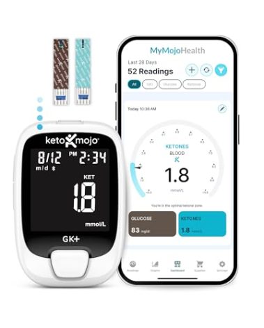 KETO-MOJO GK+ Bluetooth Glucose & Ketone Testing Kit + Free APP for Ketosis & Diabetes Support. 20 Blood Test Strips (10 Each), Meter, 20 Lancets, Lancing Device, and Control Solutions