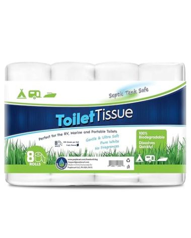 Freedom Living Septic Tank Safe Toilet Tissue for Campers and RVs Biodegradable Marine Toilet Paper for Boats, Fragrance-Free 2-Ply RV Toilet Paper (8 Rolls, 500 Sheets Each)