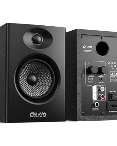 OHAYO 60W Computer Speakers for Music and Gaming, Active Bluetooth 5.3, Stereo 2.0 Speakers for Desktop PC or Laptop, 3.5mm Aux RCA Input, USB-Powered, 1 Pair, Black