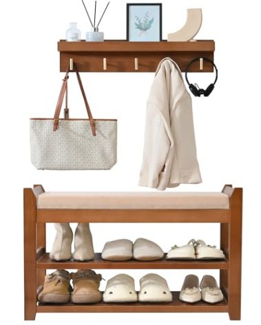 PETKABOO Shoe Rack for Front Door Entrance, 28” Entryway Bench with Coat Rack, Hall Tree Shoe Bench with Storage for Entry, Hallway, Bedroom, Living Room