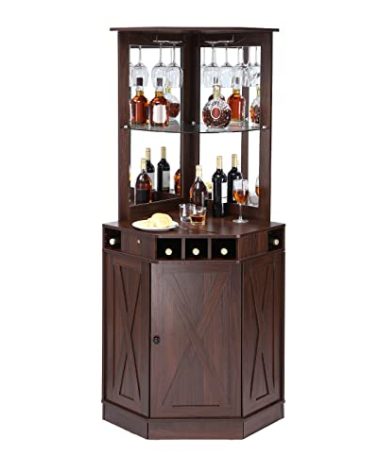 VEVOR Corner Industrial Bar Cabinet, Wine Table for Liquor & Glasses, Sideboard Buffet Cabinet with Glass Holder, Freestanding Farmhouse Wood Coffee Bar Cabinet for Living Room, Home Bar, Black Walnut
