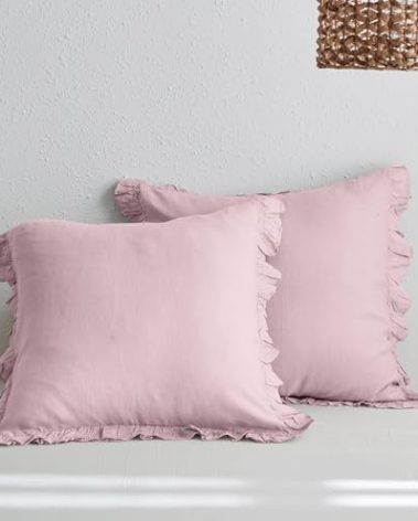 Simple&Opulence 100% Linen Euro Sham Covers with Ruffle, 26x26 Inch Pillow Covers Set of 2, Euro Pillow Shams for Bed Couch French Home Decor Luxury and Breathable Square Pillow Cases, Blush Pink