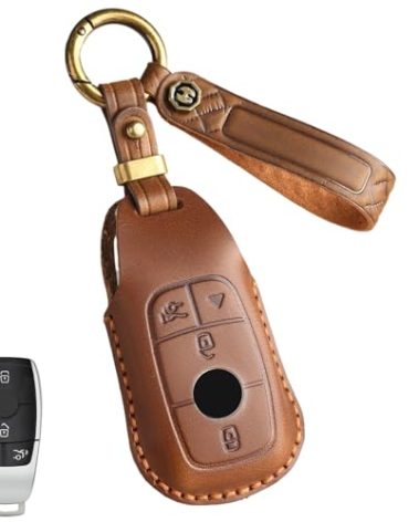 WiiLemz Key Fob Cover for Mercedes Benz, Premium Leather Car Key Case Shell Protector with Key Chain for 2017-2023 E-Class 2018-2021 S-Class 2019-2023 A-Class C-Class G-Class (BROWN, Size-A)