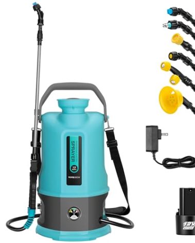 VIVOGROW Battery Powered Sprayer, 1.3-Gallon/5L Electric Pump Sprayer with Six Nozzles, Adjustable Shoulder Strap and Spray Wand for Garden, Lawn and Other Cleaning, Blue