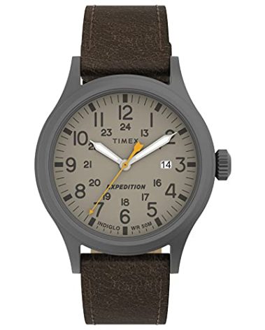 Timex Men's Expedition Scout 40mm Watch – Gunmetal Case Khaki Dial with Dark Brown Leather Strap