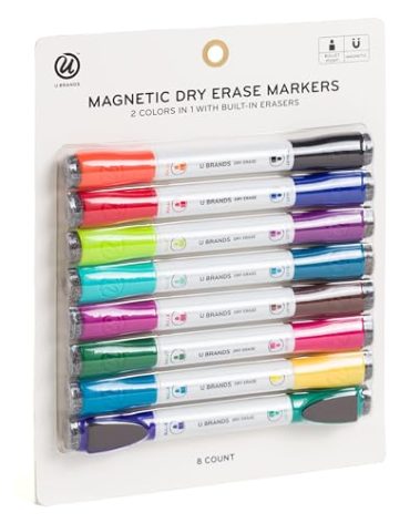 U Brands Fine Tip Dry Erase Markers with Eraser, Magnetic Double Ended Whiteboard Markers, Low Odor, Assorted Bright Colors, Set of 8