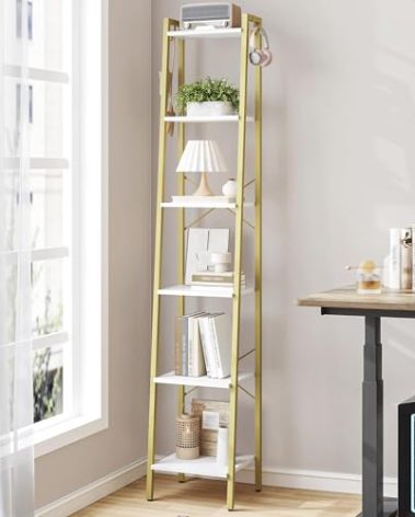 Hzuaneri Ladder Shelf, Bookshelf Bookcase, Freestanding Corner Storage Shelve with 2 Hooks for Home Office, Living Room, Kitchen, Bedroom, Industrial, 6-Tier White Gold BC13313G