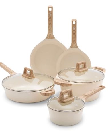 GreenLife 8 Piece Ceramic Nonstick Cookware Set, Induction Suitable Non Toxic PFAS-Free Pots & Pans, Dishwasher Safe, Cooking Set, Stock Pot, Saucepans & Frying Pans, Kitchen Cooking, Granite Cream