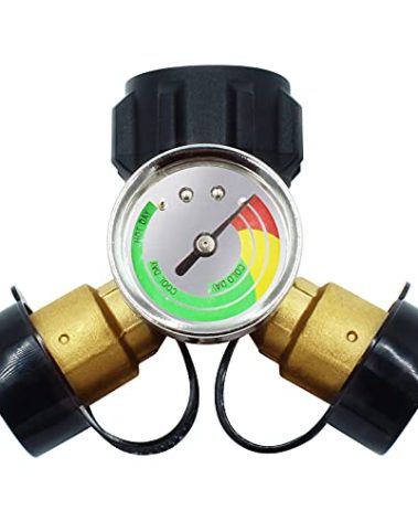 MCAMPAS Propane Tank Y Splitter Adapter with Gauge, 2 Way LP Gas Adapter Tee Connector Adapter for 5 lb- 40 lb Propane Tank Cylinder, Universal for BBQ Grills, Camping Stoves, Gas Burners, Heaters