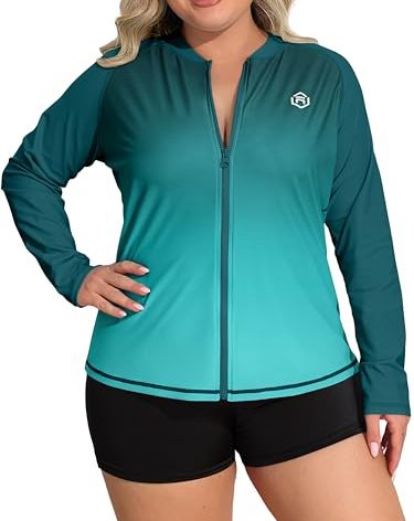ATTRACO Women's Plus Size UPF 50+ Rash Guard Zip Swim Shirt Workout Top Gradient Green 2X