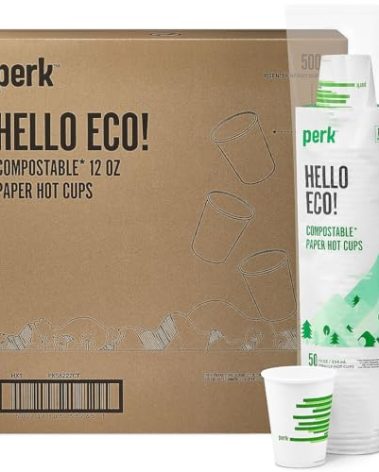Perk Staples Disposable Coffee Cup, Eco Compostable Hot Beverage Paper Cups, Perfect for On-The-Go Tea or Hot Cocoa, 12 Oz, 500-Pack, White/Green