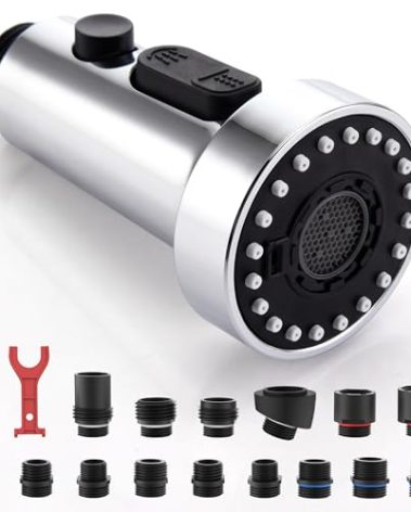 J-HVA Pull Down Kitchen Faucet Sprayer Head Replacement Part with 15 Connectors, 3 Function Pull Out Sink Sprayer Replacement Nozzle, Kitchen Faucet Head Hose Spray Tap Spout, Chrome