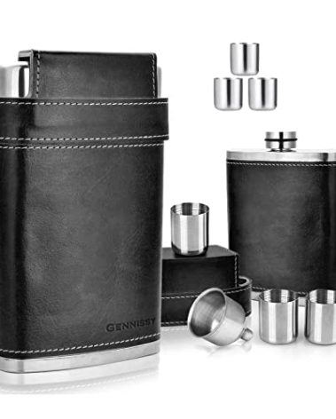 GENNISSY 18/8 Stainless Steel 8oz Flask - Americal Flag Black Leather with 3 Cups and Funnel 100% Leak Proof(Black Without US Flag)